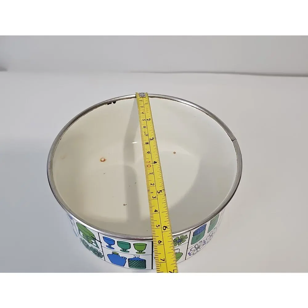 vintage MCM Enamelware Pot Retro 70s Fower Power Cookware Green Blue